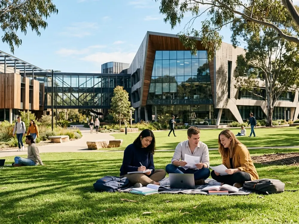 Students studying on the lawn of a modern Australian university campus