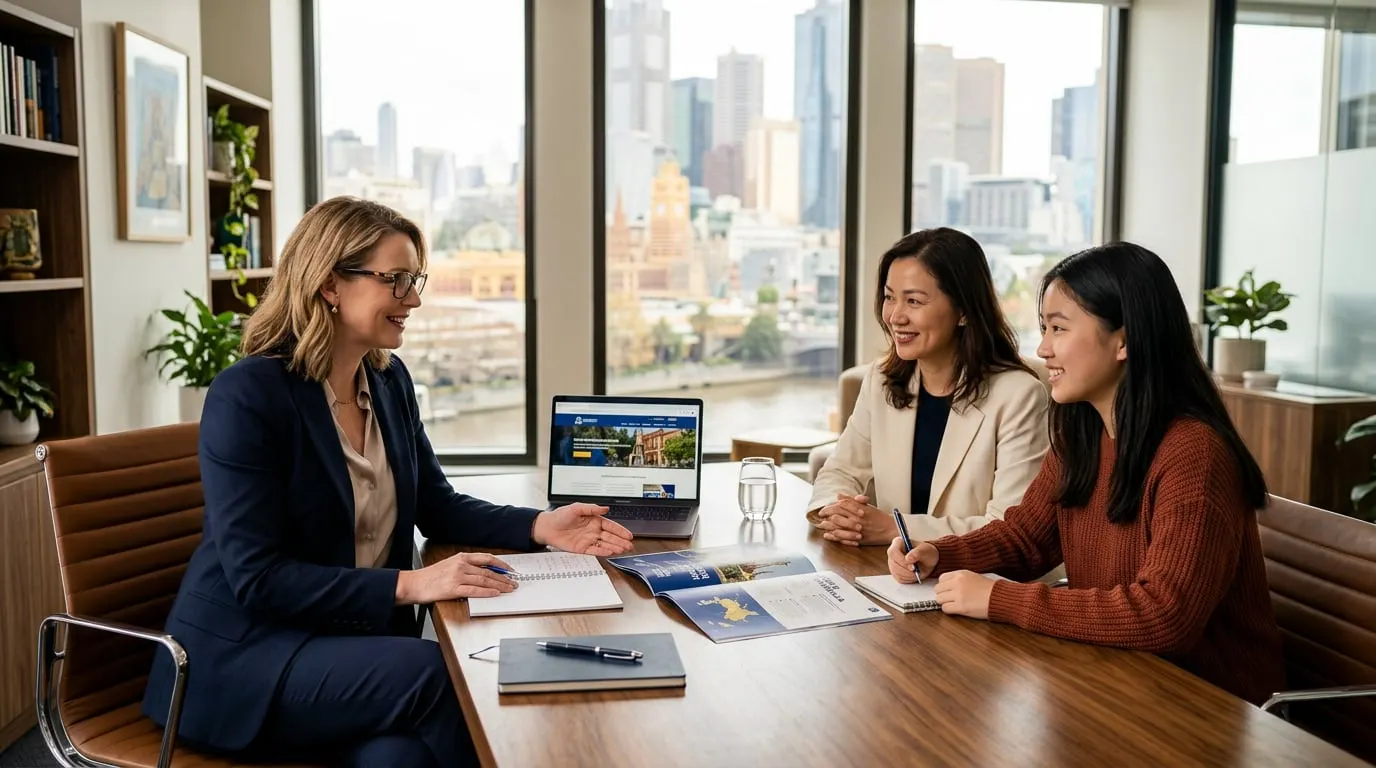 Education consultant advising a student and parent in a Melbourne office