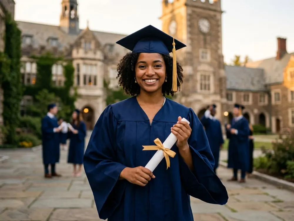 Smiling graduate in gown and mortarboard holding a diploma in front of a university building