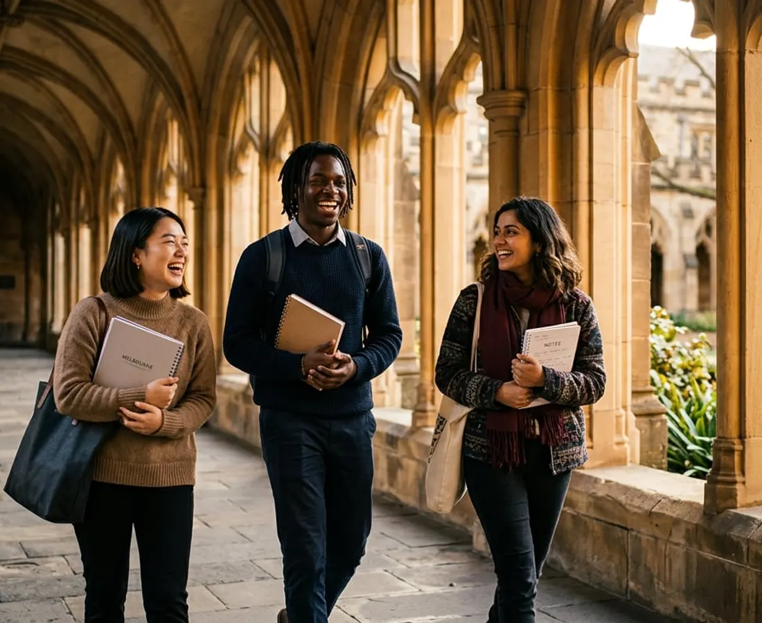 Three smiling university students walking together through a sandstone cloister