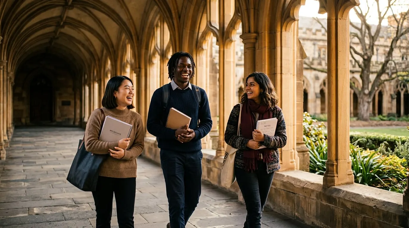 University students walking through a sandstone cloister