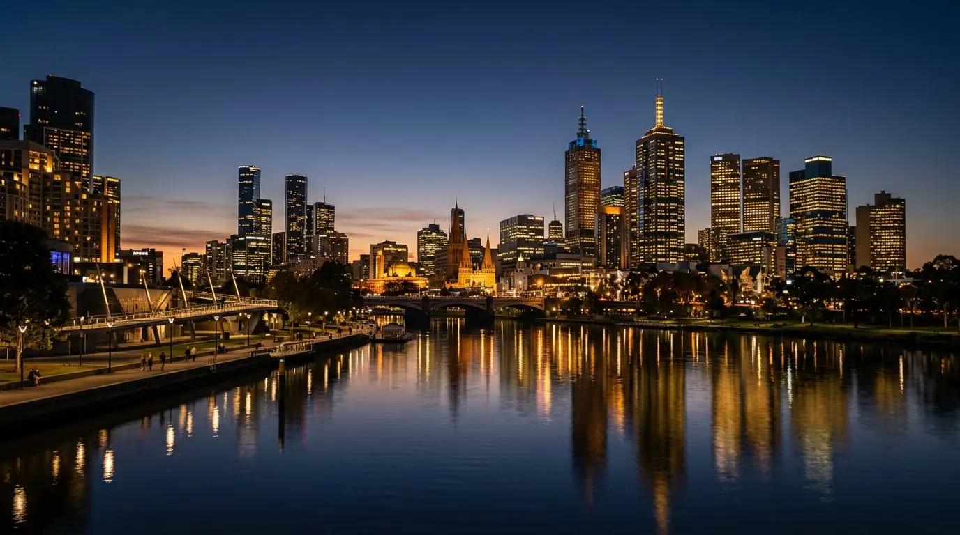 Melbourne skyline at dusk across the Yarra River