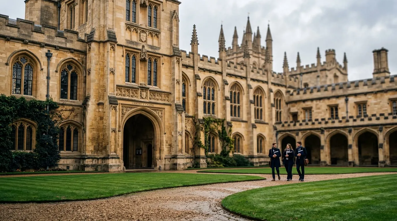 Historic stone university quadrangle in England
