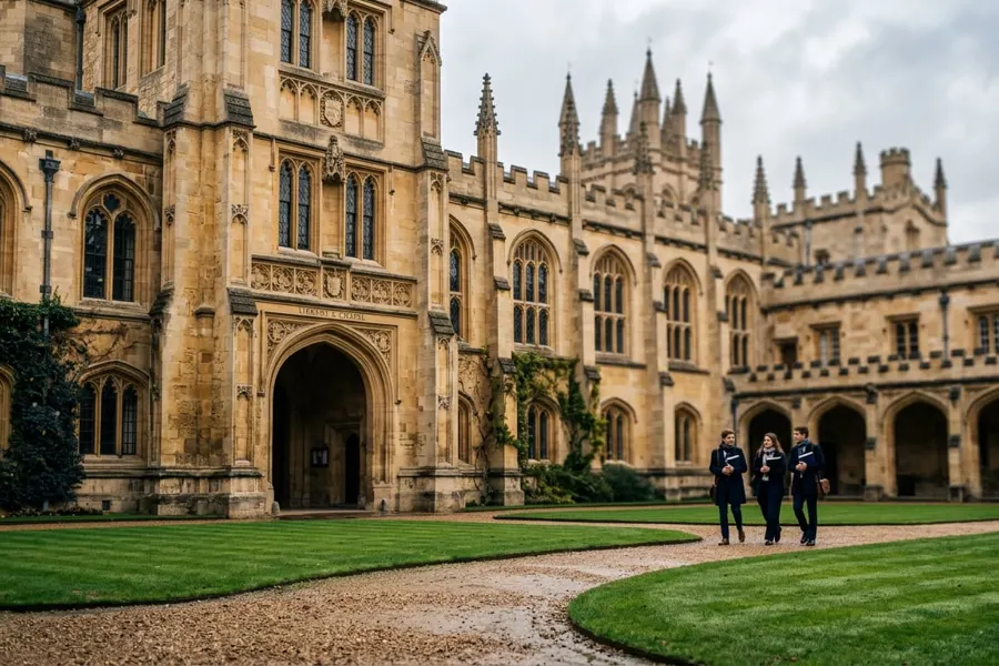 Historic Gothic university quadrangle in England